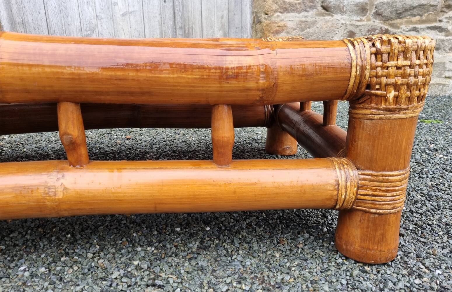 Bamboo, rattan and glass coffee table, 80s