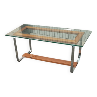 Table basse vintage chrome bois et dalle verre