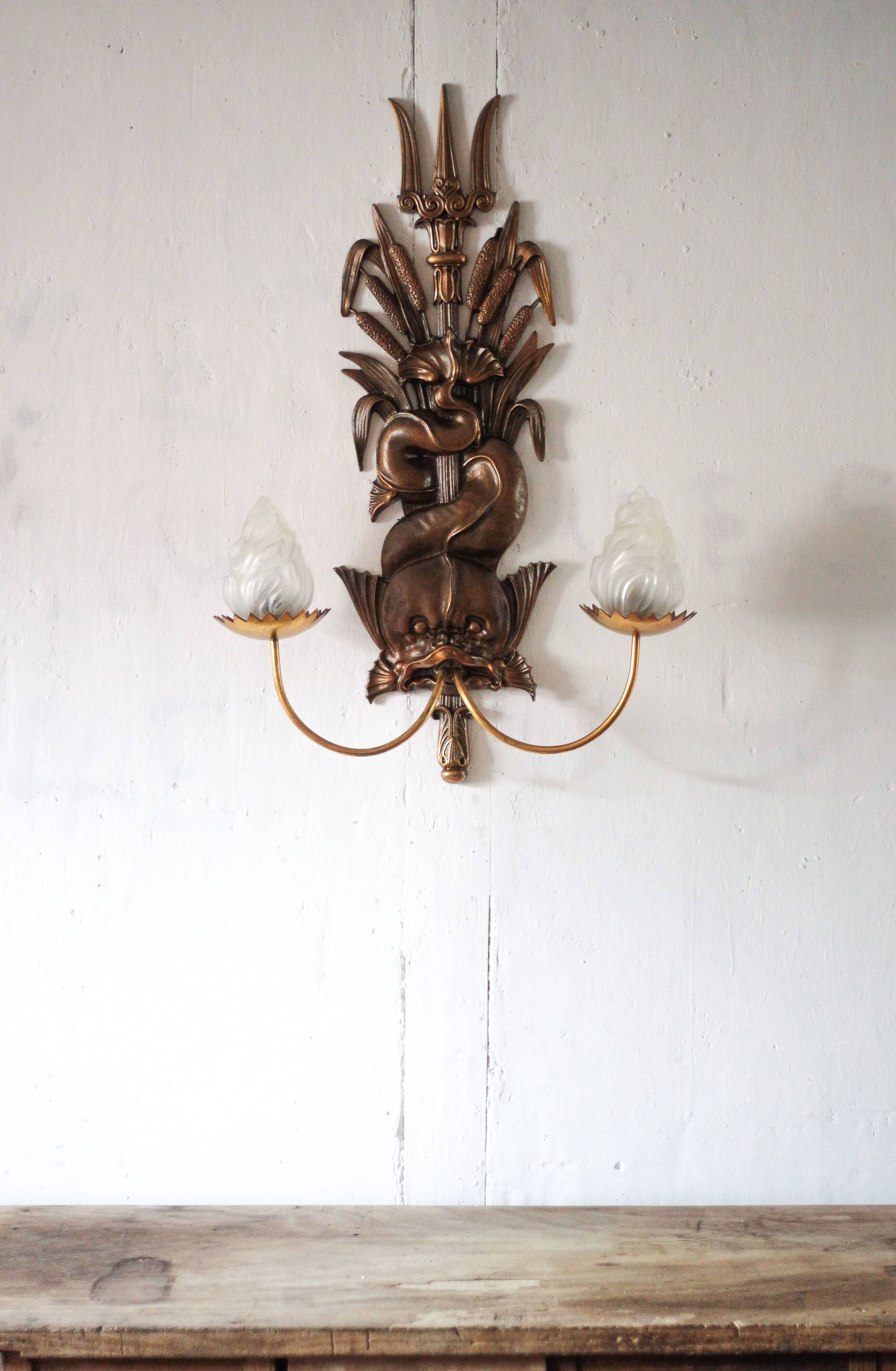 Large bronze wall light with 2 lights, dolphin wall light with reeds