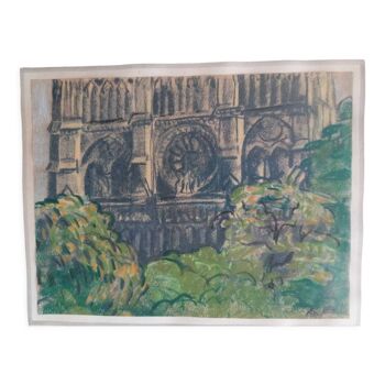 Tableau vue notre dame  de paris  pastel période nabis