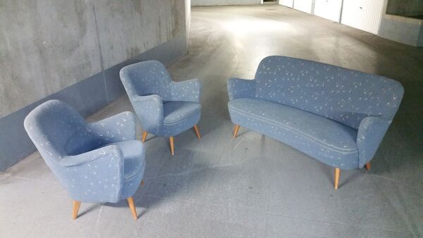 Set canapé et 2 fauteuils vintage années 50/60 organique vintage tissus original