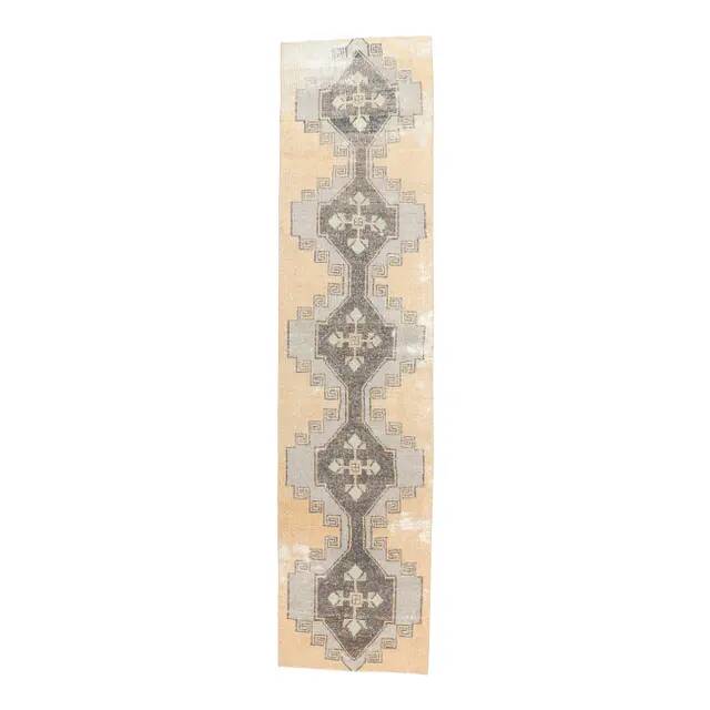 Natural Vintage Geometric Turkish Hand-Knotted Runner Rug 80x341
