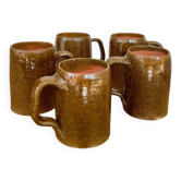 Set of 5 brown stoneware mugs