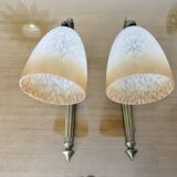 Pair of art deco wall lights in marbled glass and brass