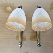 Pair of art deco wall lights in marbled glass and brass