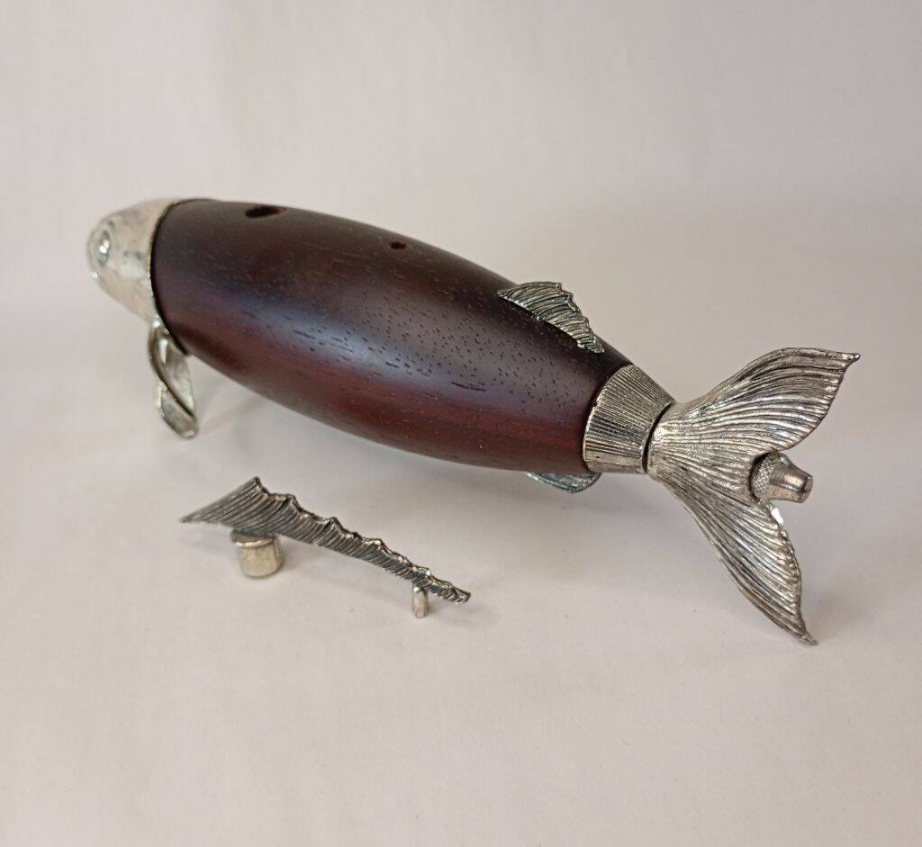 Italian Tre Spade Fish Shaped Rose Wood & Silverplate Pepper Mill or Grinde