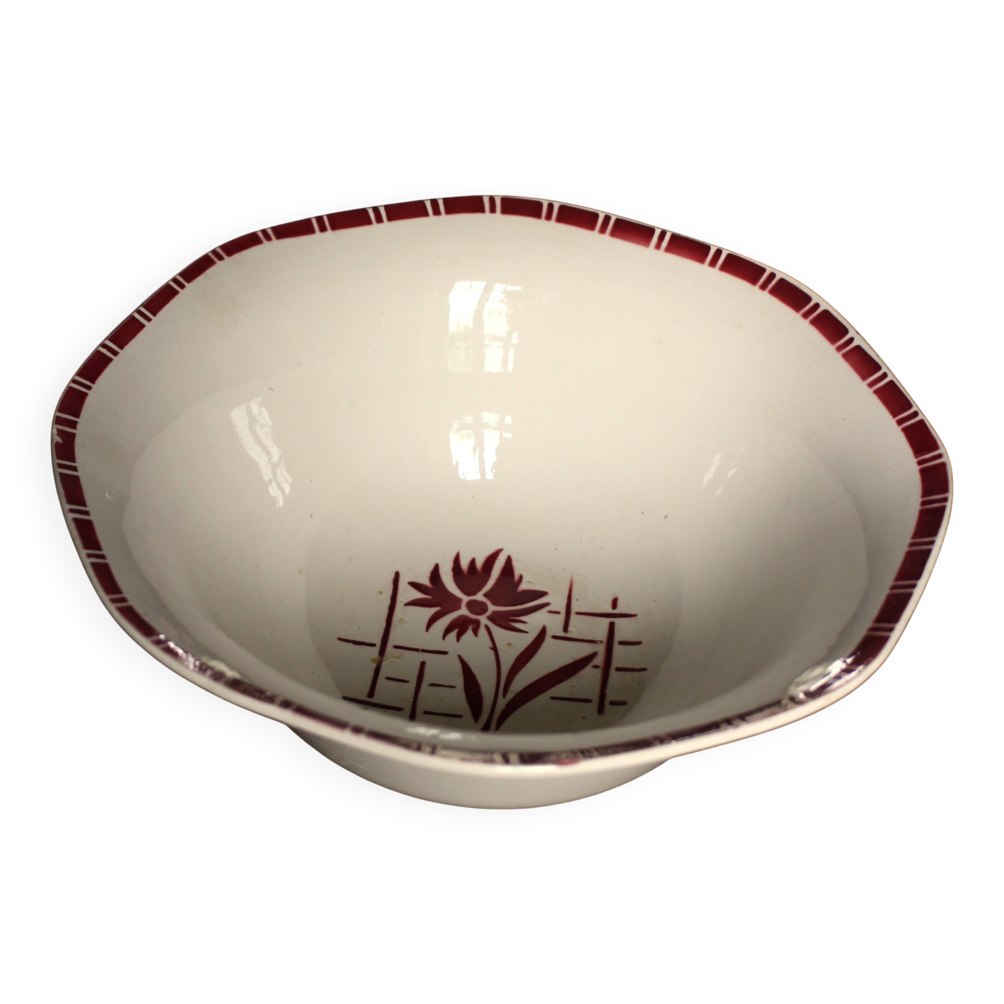 Large Sylvia Digoin Sarreguemines red flower Art Deco salad bowl