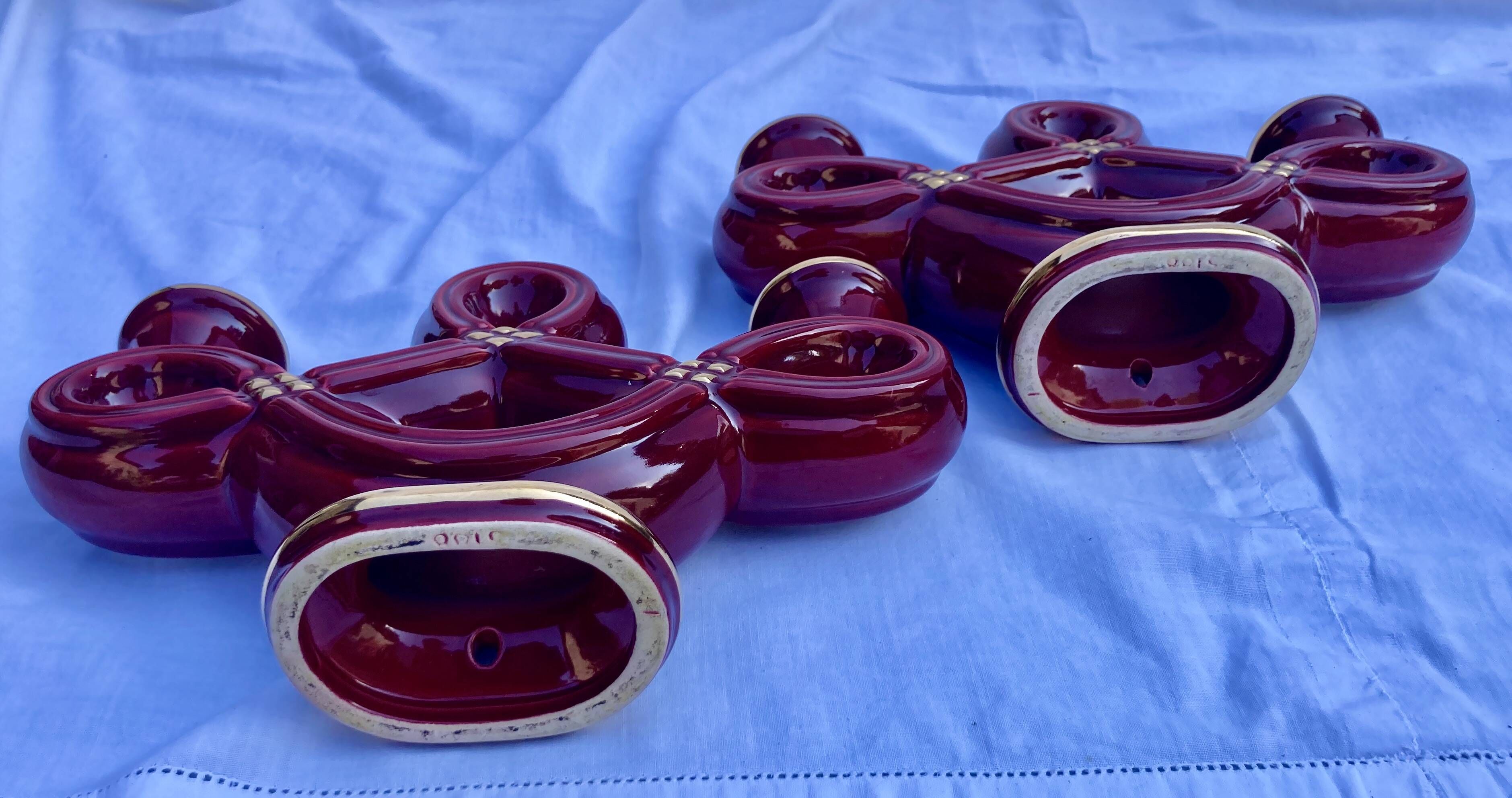 Double Candle Holder Vallauris Vintage Red Burgundy Ceramic Massier Style