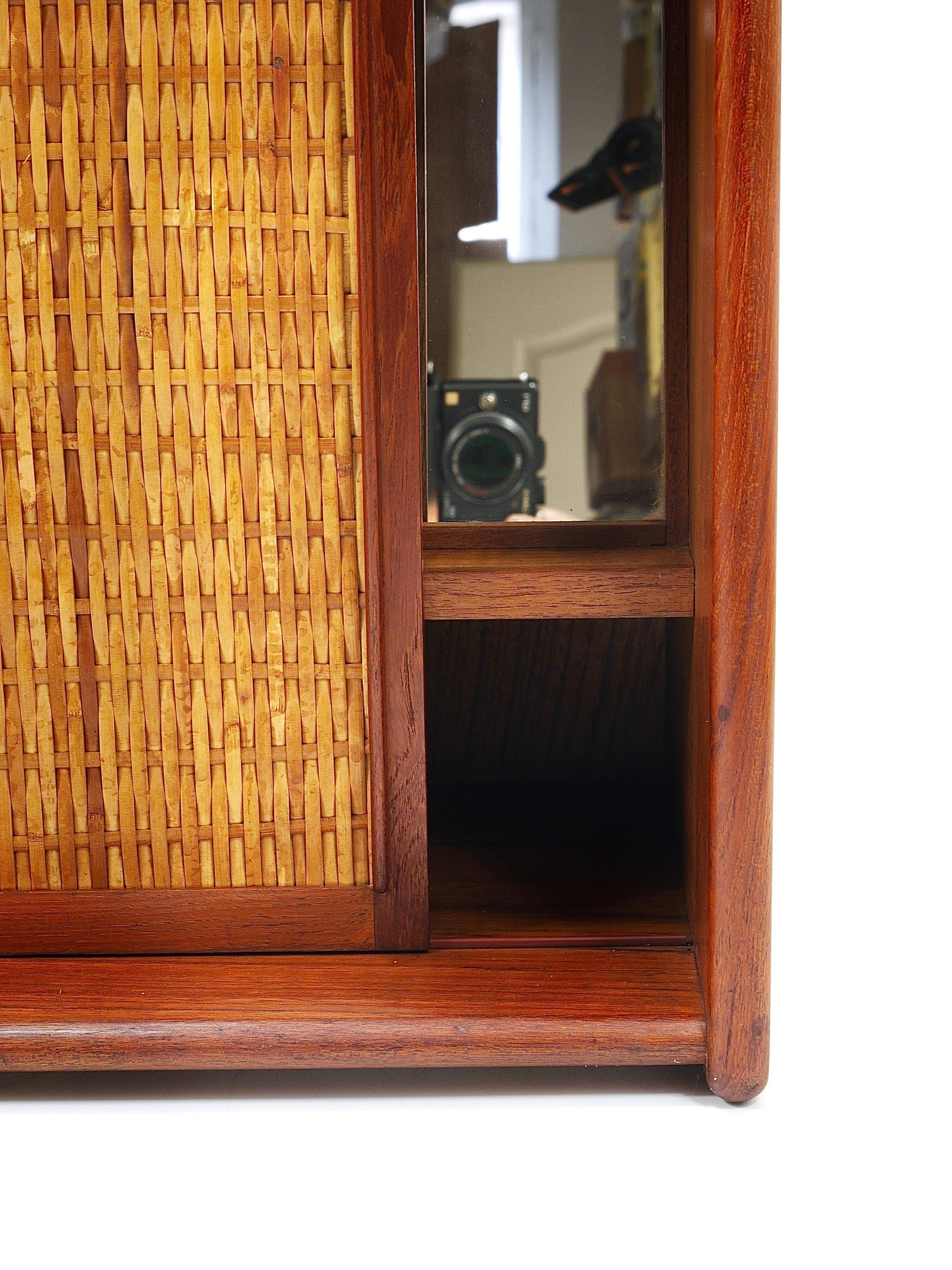 Arne Wahl Iversen Wall Mirror & Shelf Cabinet, Teak & Cane for Brenderup Denmark