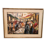 Oil painting on canvas "fish market" 70s canvas 70x50 cm signed