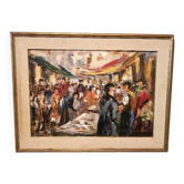 Peinture à l'huile sur toile "marché aux poissons" années 70 toile 70x50 cm signée