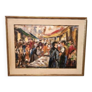 Peinture à l'huile sur toile "marché aux poissons" années 70 toile 70x50 cm signée