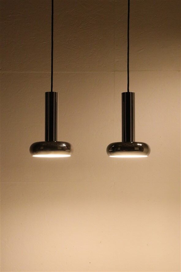 Space Age chrome pendant lamps / Mid-century modern design / 1960s / 1970s / Set of 2