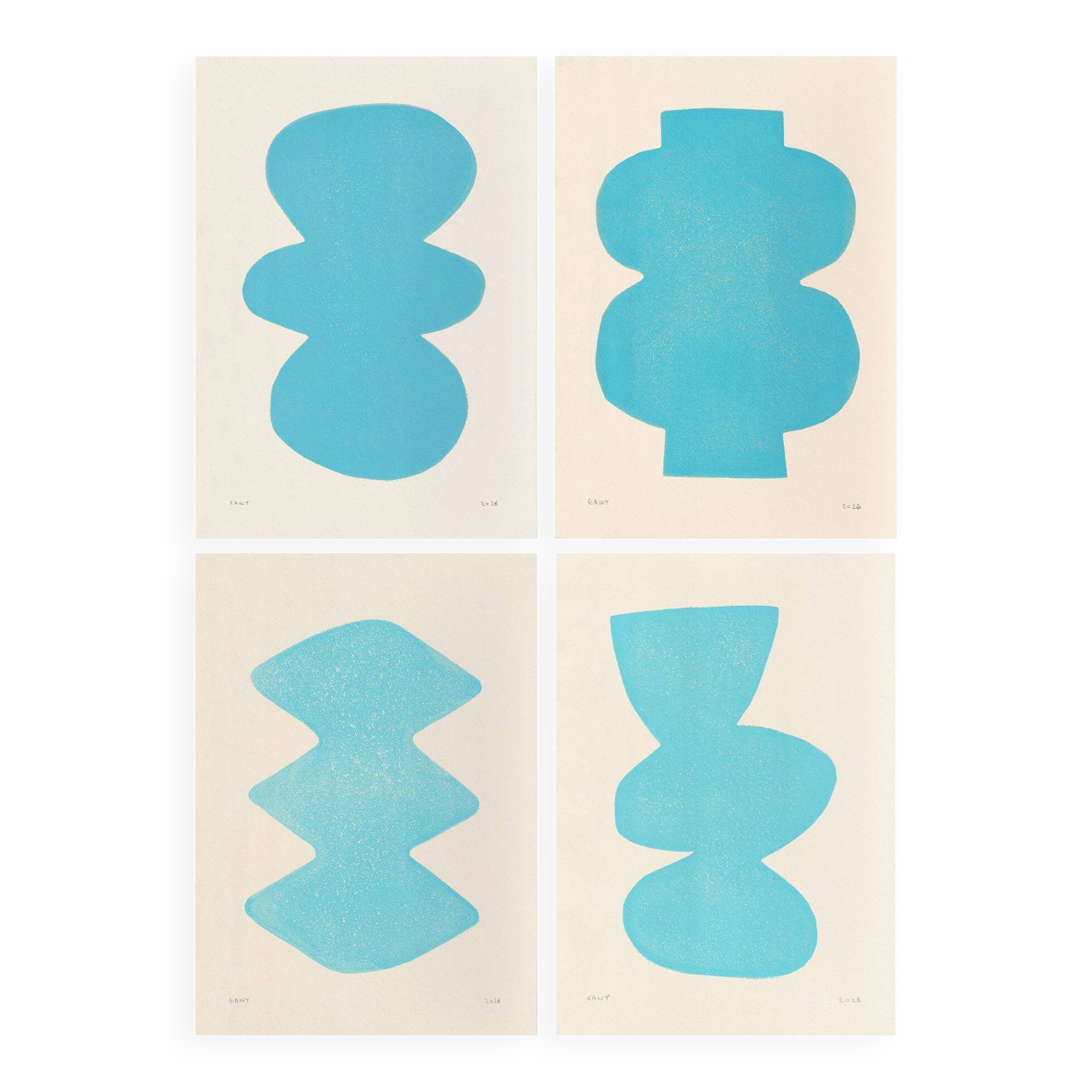 Collection of 4 abstract paintings in light blue signed Eawy.