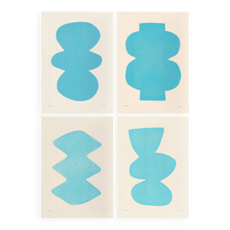 Collection of 4 abstract paintings in light blue signed Eawy.