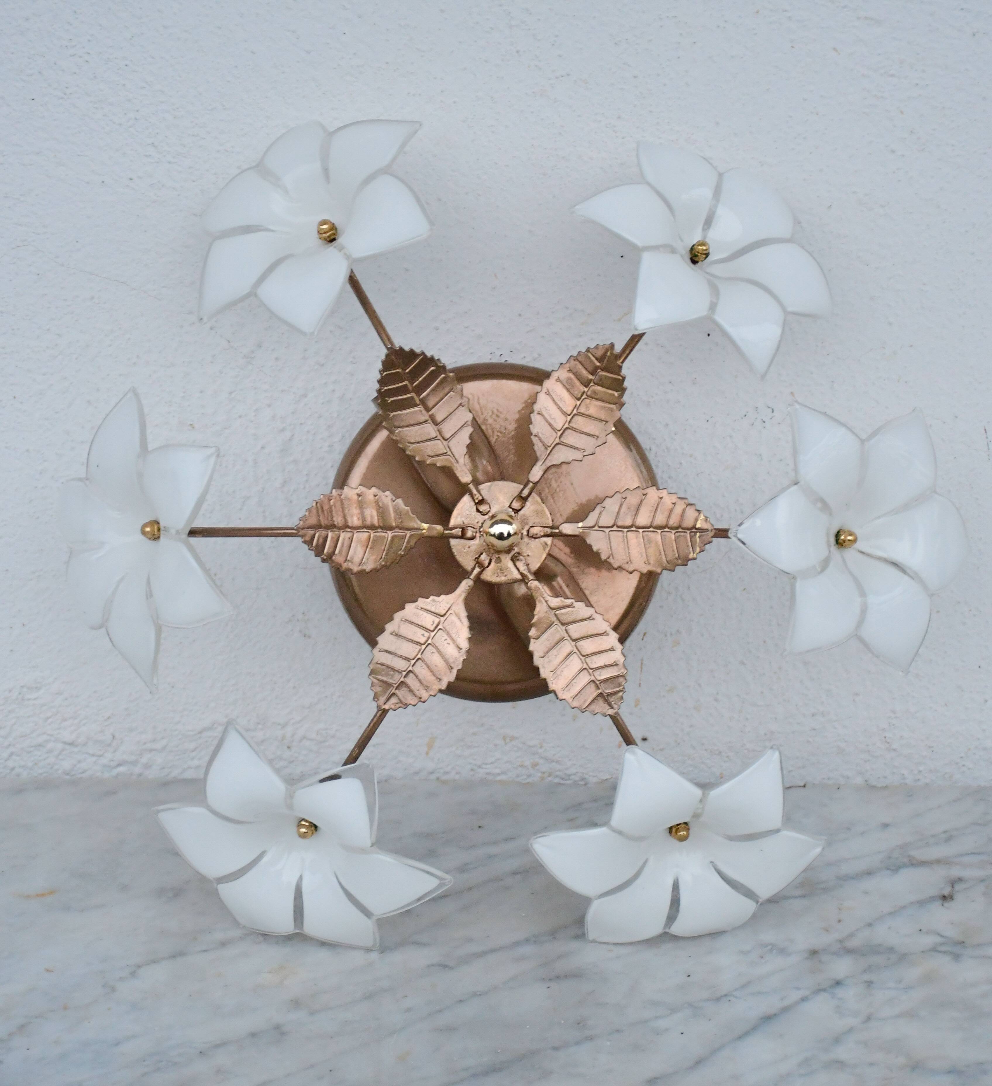 Petite vintage Murano ceiling light white flowers, 1970s