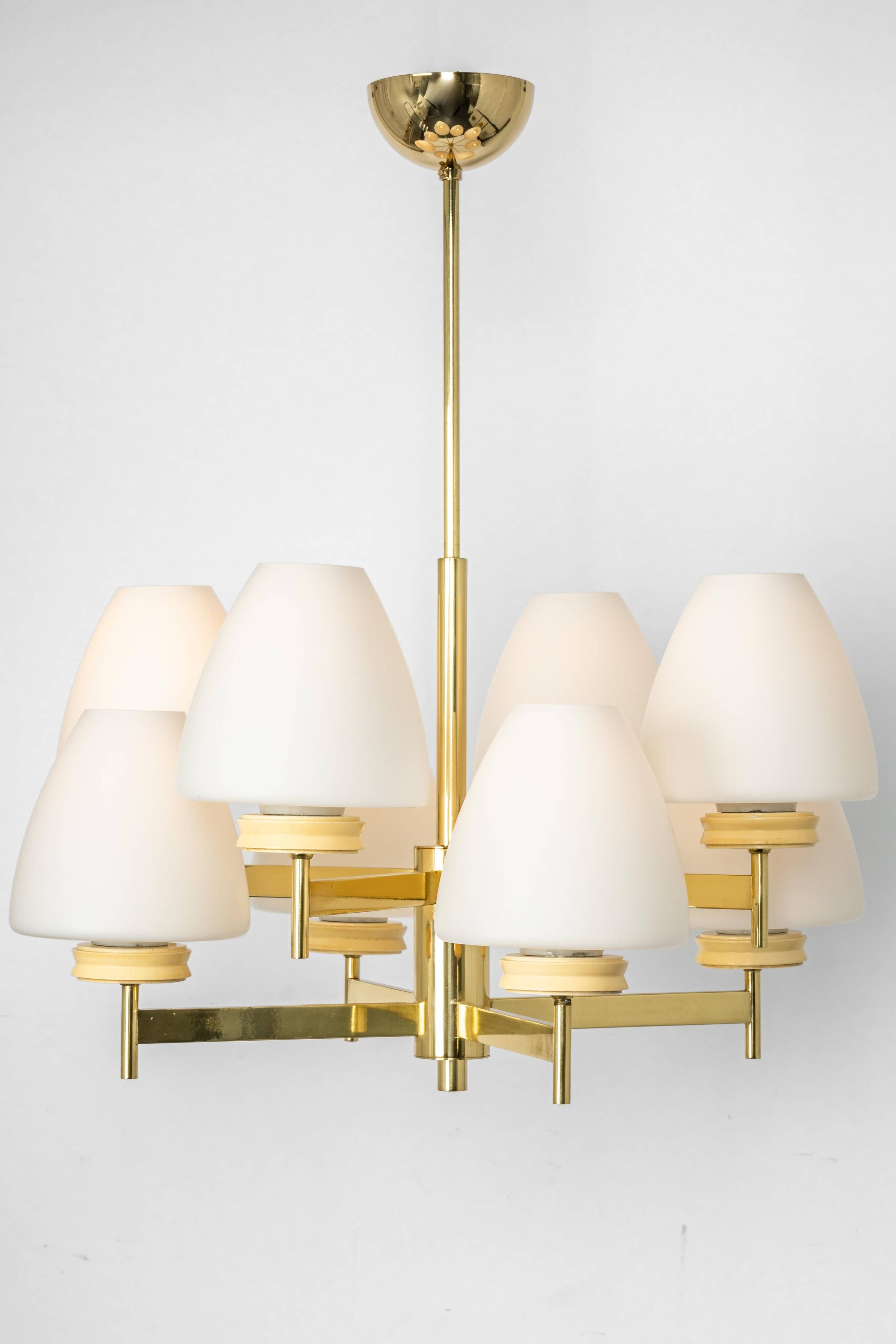 Sputnik chandelier with opaline glass by Kaiser, Germany, 1970s.