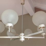 Six-light chrome metal chandelier and opaque glass globes / vintage 60s and 70s
