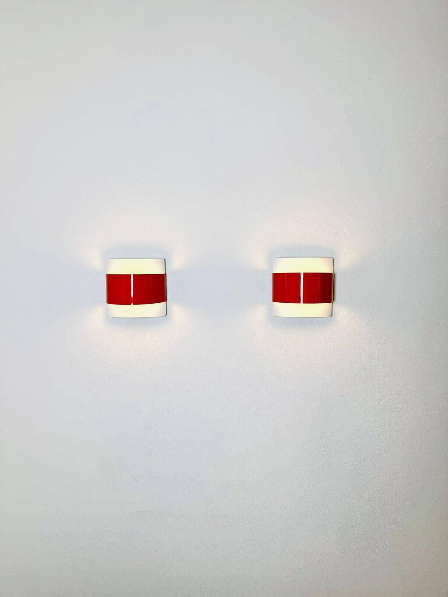 Curved Wall Lamps In Red And White By Peter Celsing For Falkenbergs Belysning, Sweden 1960S