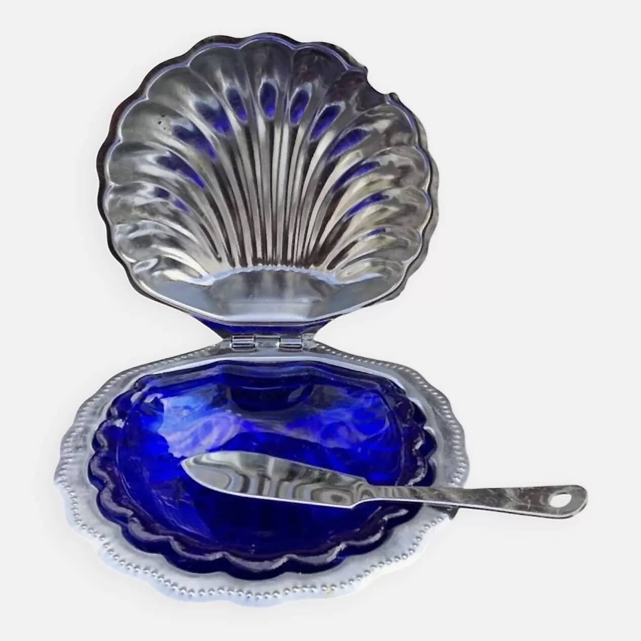 Vintage shell butter dish in stainless steel and cobalt blue glass with knife