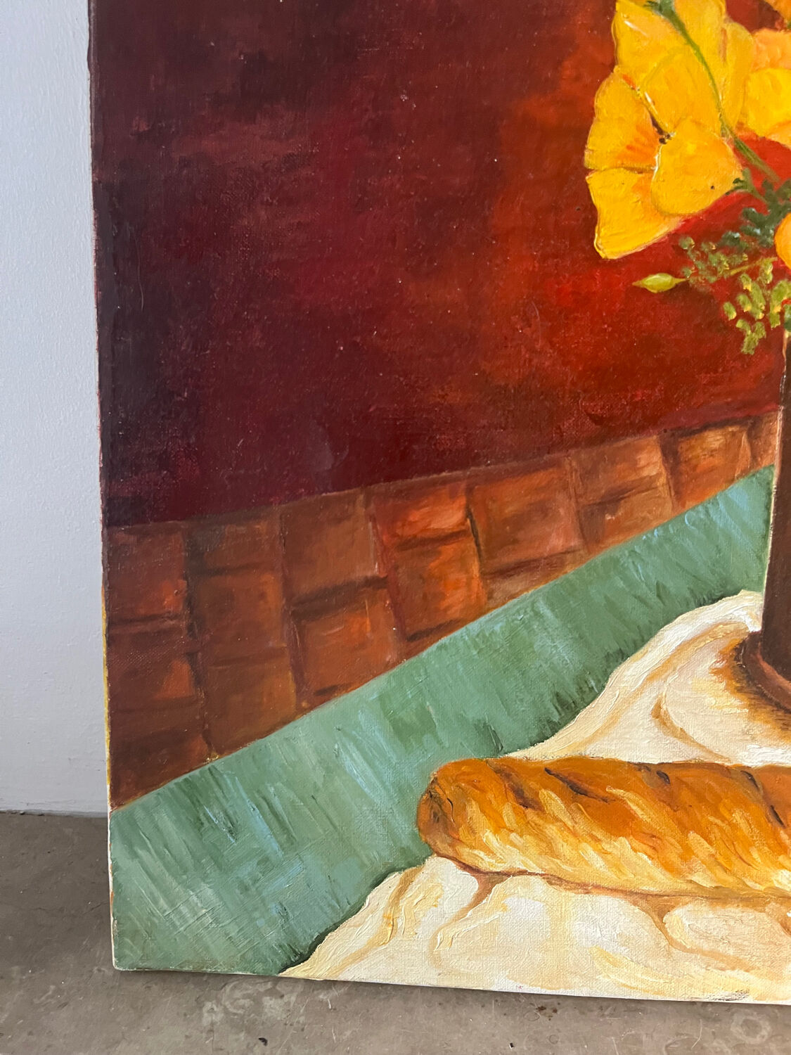 Still life with flowers, bread, apples and chair, signed