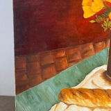 Still life with flowers, bread, apples and chair, signed