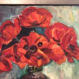 Ancien tableau huile sur toile bouquet de fleurs + cadre bois gris vintage