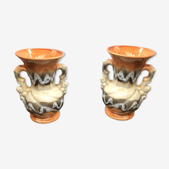 Paire de vases ancien céramique multicolore avec 2 anses vintage