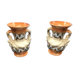 Paire de vases ancien céramique multicolore avec 2 anses vintage