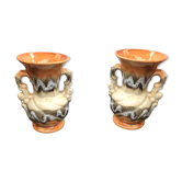 Pair of ancient multicolored ceramics vase - 2 vintage anses