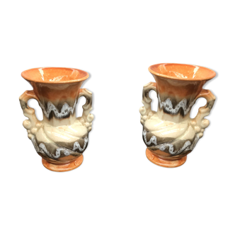 Pair of ancient multicolored ceramics vase - 2 vintage anses