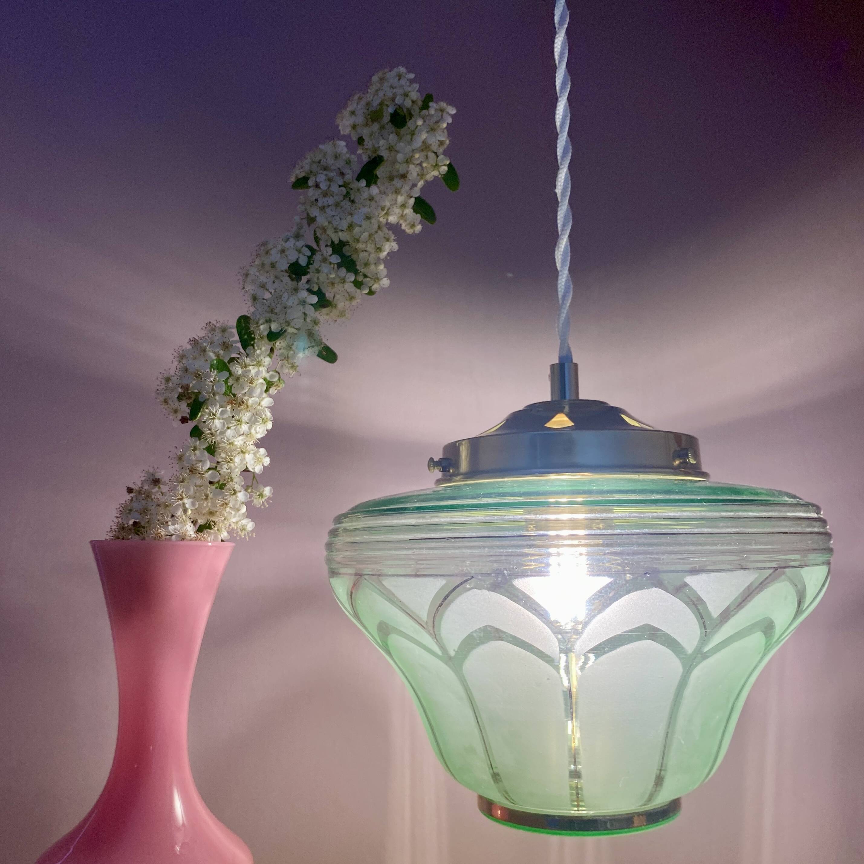 Vintage art deco globe pendant light in green and gold frosted glass