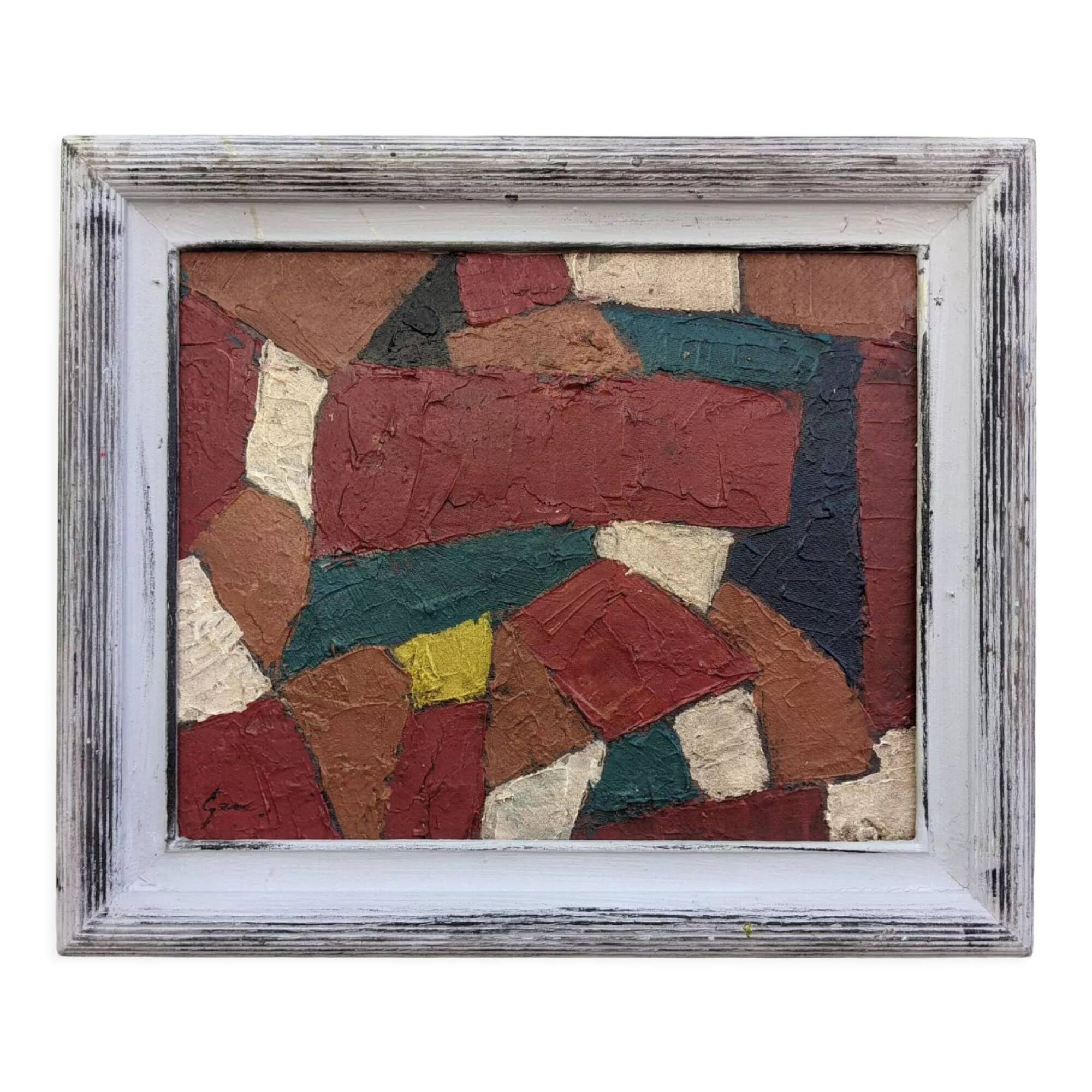 Mid-Century Modern Swedish "Gear" Vintage Abstract Oil Painting, Framed