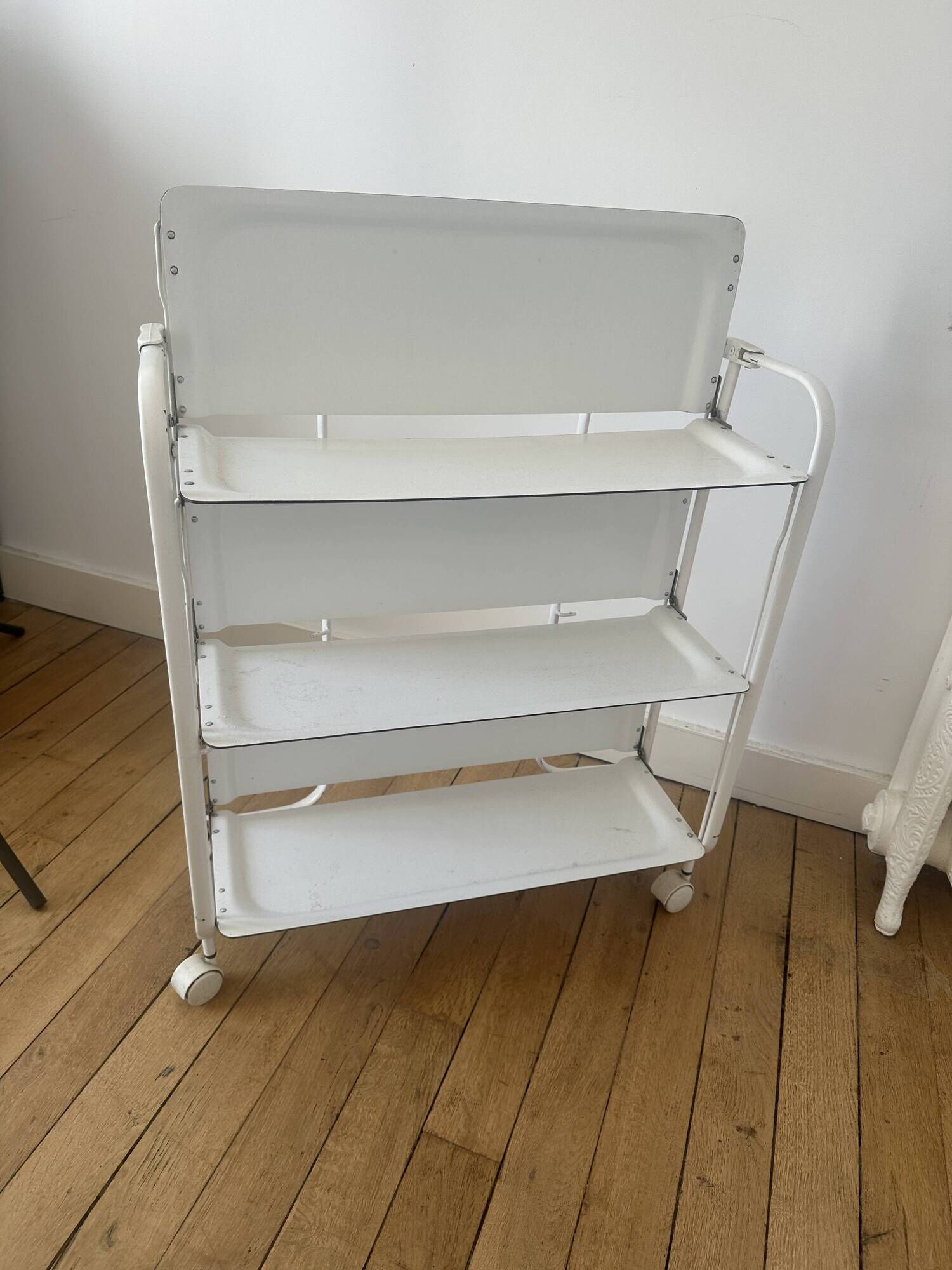 Vintage folding dessert trolley on wheels, 3 white shelves