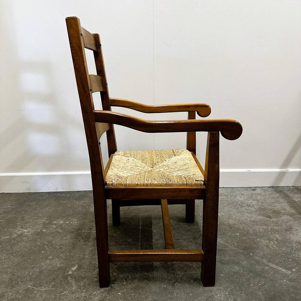 Set of 5 large French oak dining armchairs with rush seats, 1970s