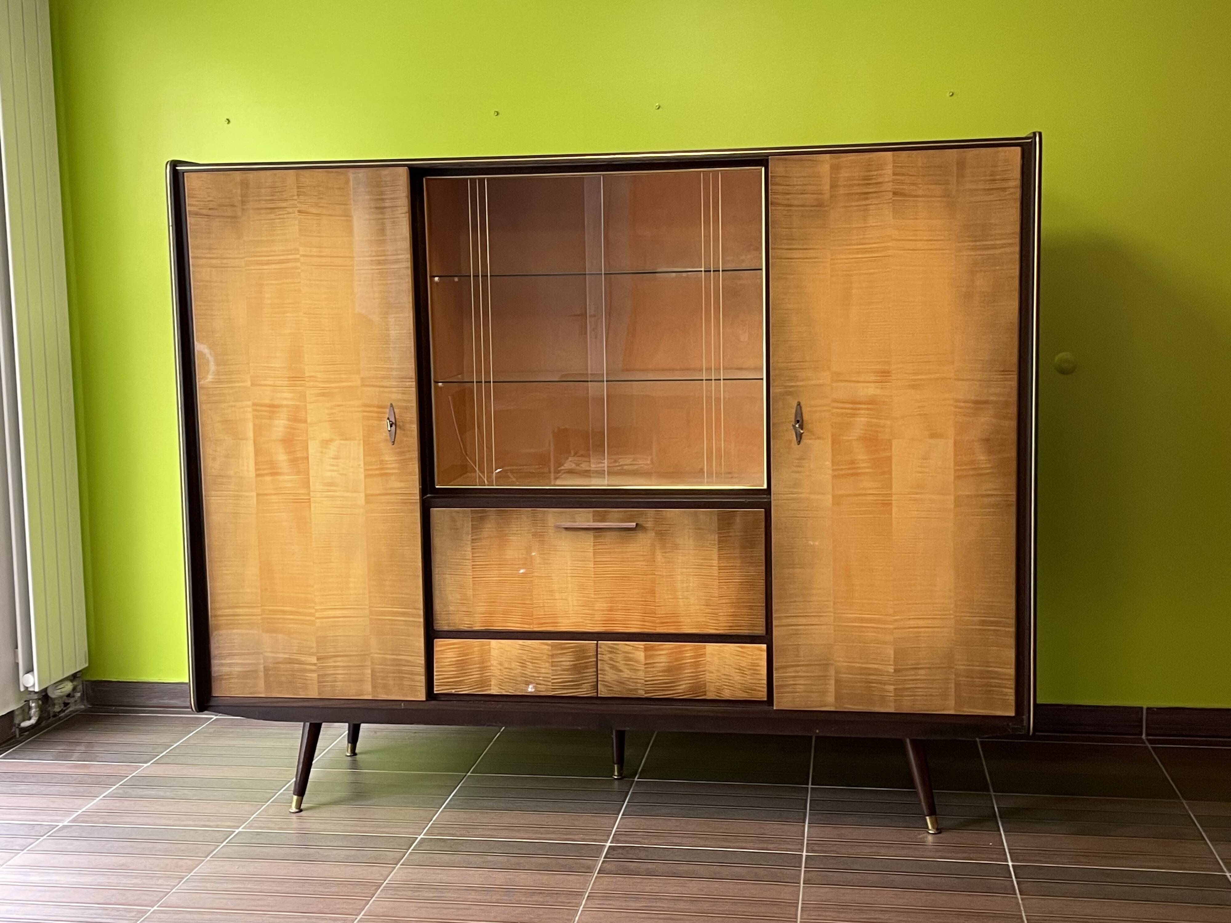Vintage secretary cabinet from the 50s/60s in walnut and birch with compass feet