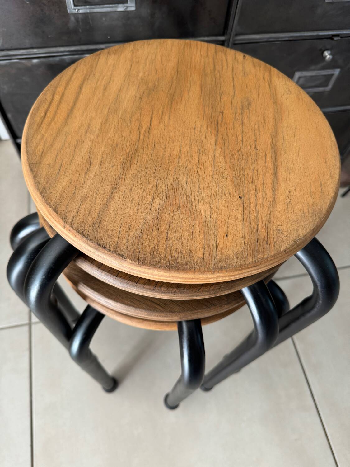 Series of 4 metal and wood school stools