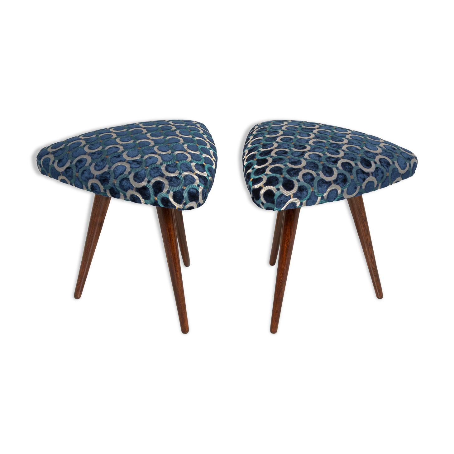 Set of two Scarabeo triangle stools in blue Dedar velvet, mid-century, Europe, 1960s.