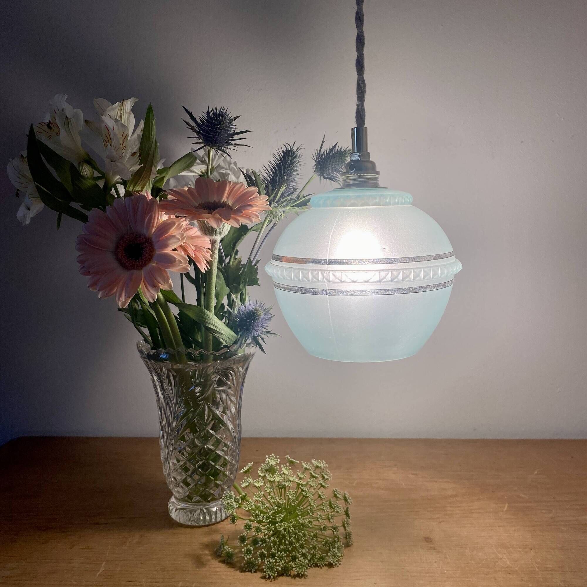 Vintage art deco tulip pendant light in blue and gold glass