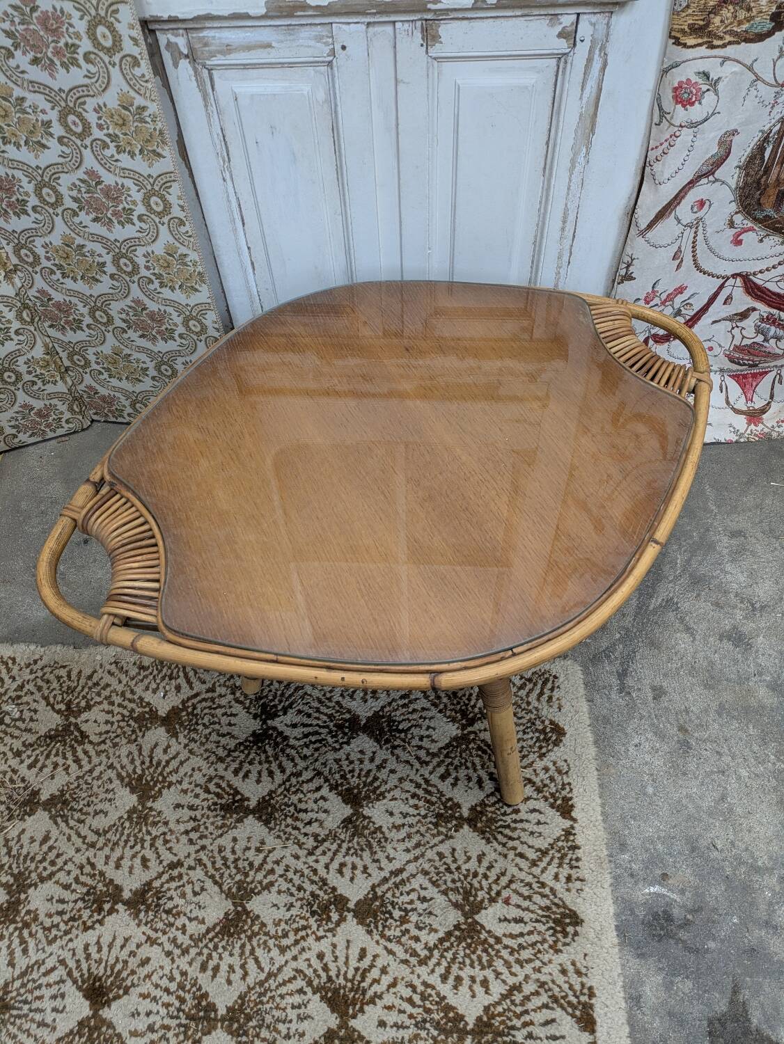 Rattan and glass coffee table