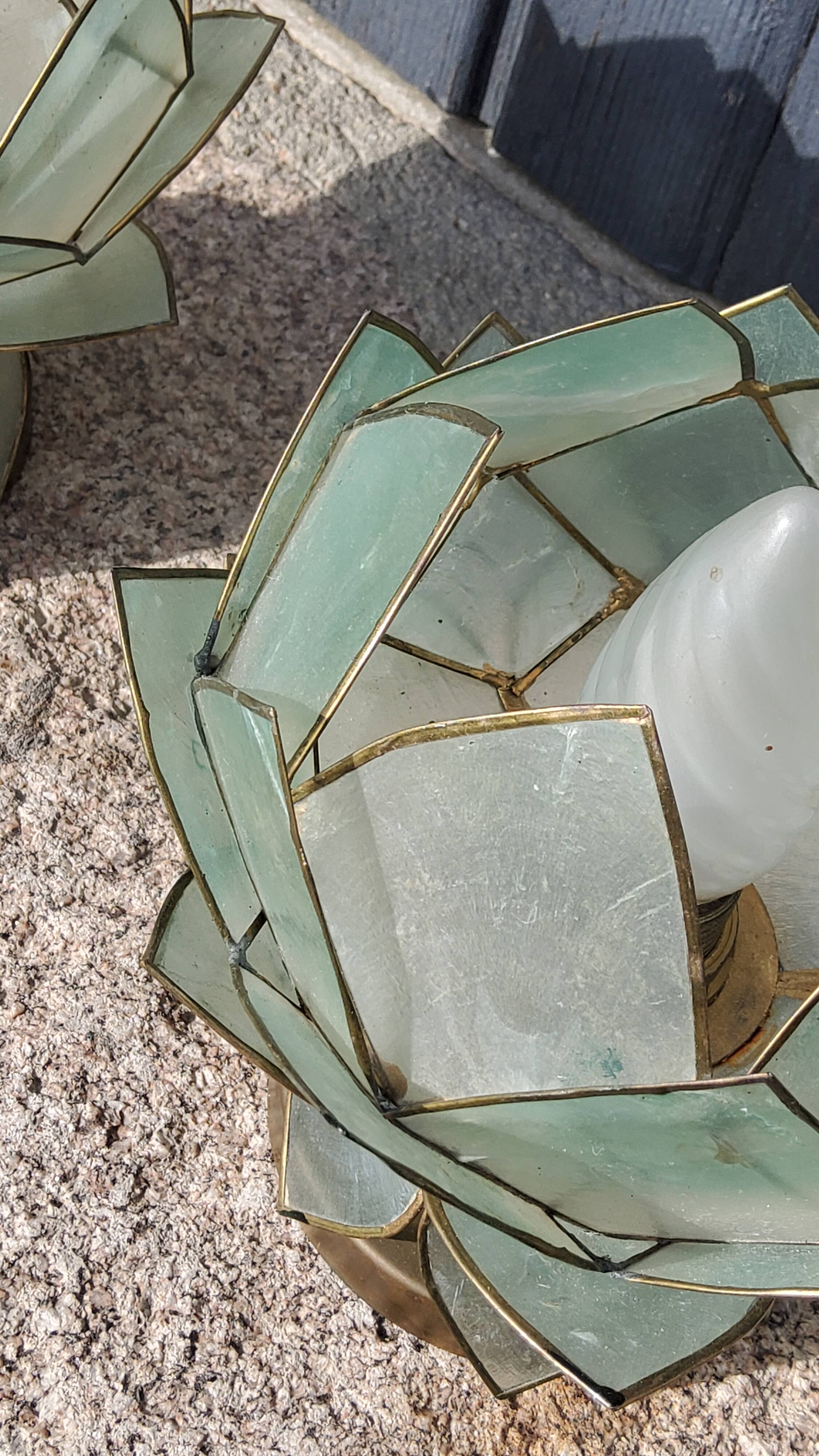 Pair of designer table lamps in turquoise blue green capiz mother-of-pearl from the 70s