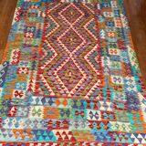 Oriental kilim rug afghan colored red green multicolored