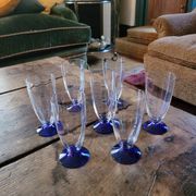 7 faceted champagne flutes – cobalt blue stem – 1970s
