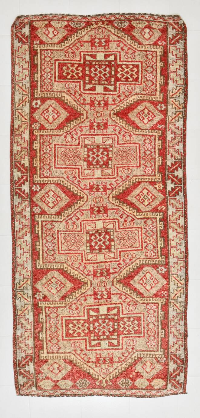 Tarecotta Red & Beige Long Wide Kilim Rug, Ethnic Patterned Rug, 141x309 Cm
