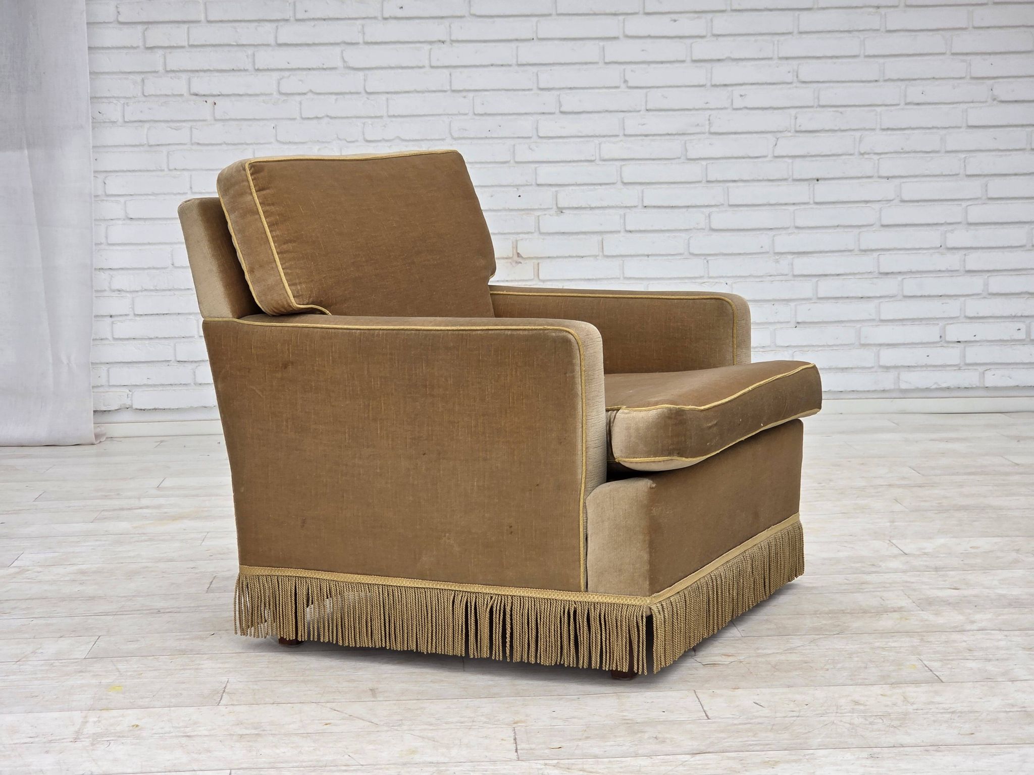 1970s, Danish armchair, honey yellow furniture velour.