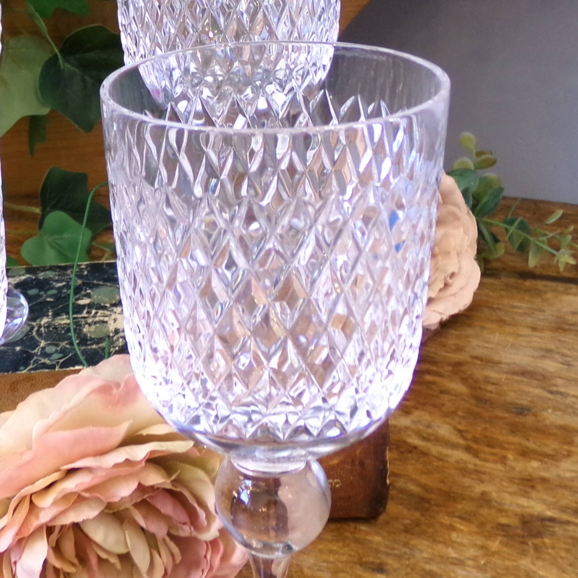 Vintage cut crystal wine or water glasses Set of 4 stemmed glasses