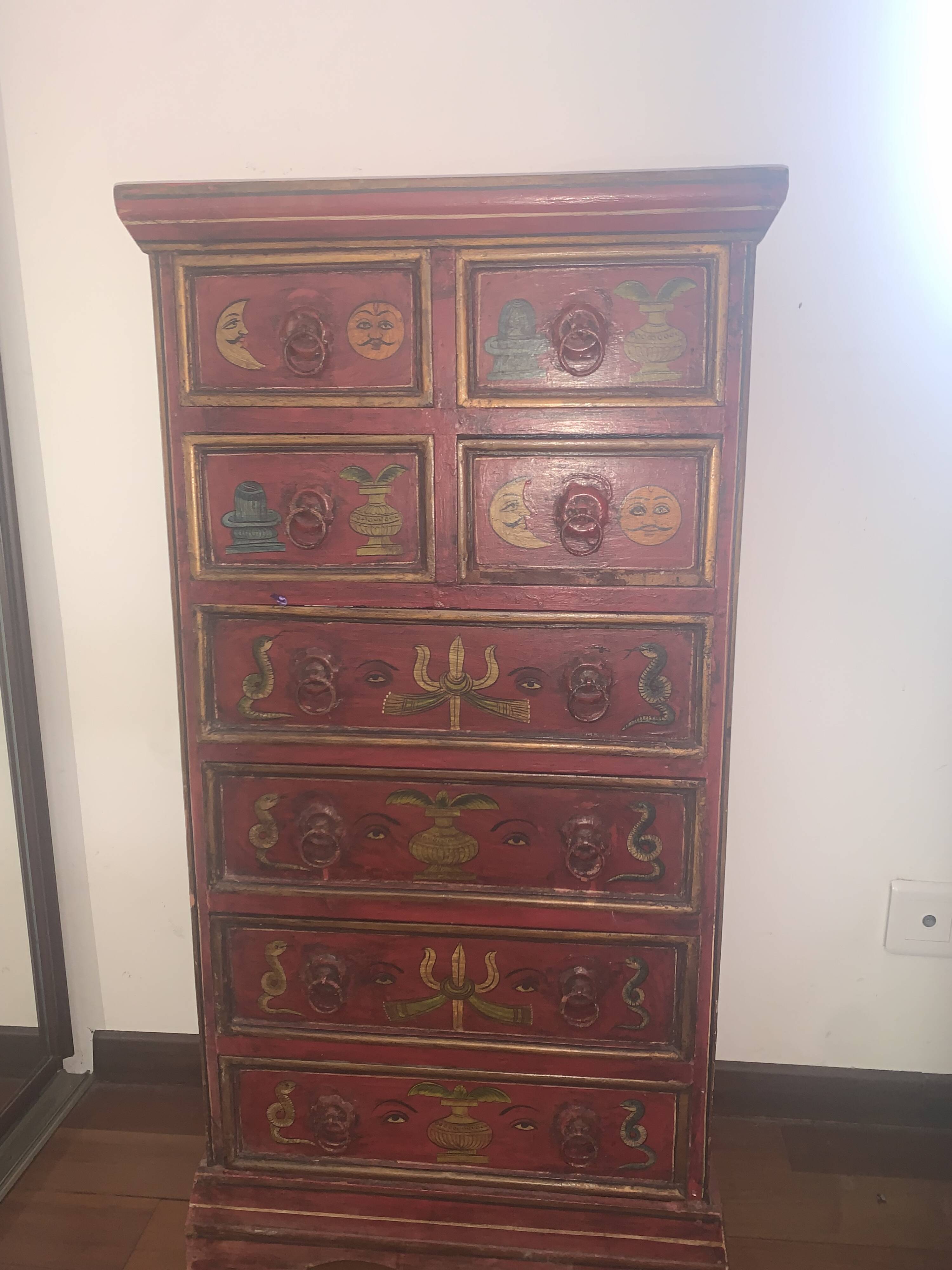 Small antique Indian piece of furniture hand-painted – tallboy / chest of drawers with 10 drawers.