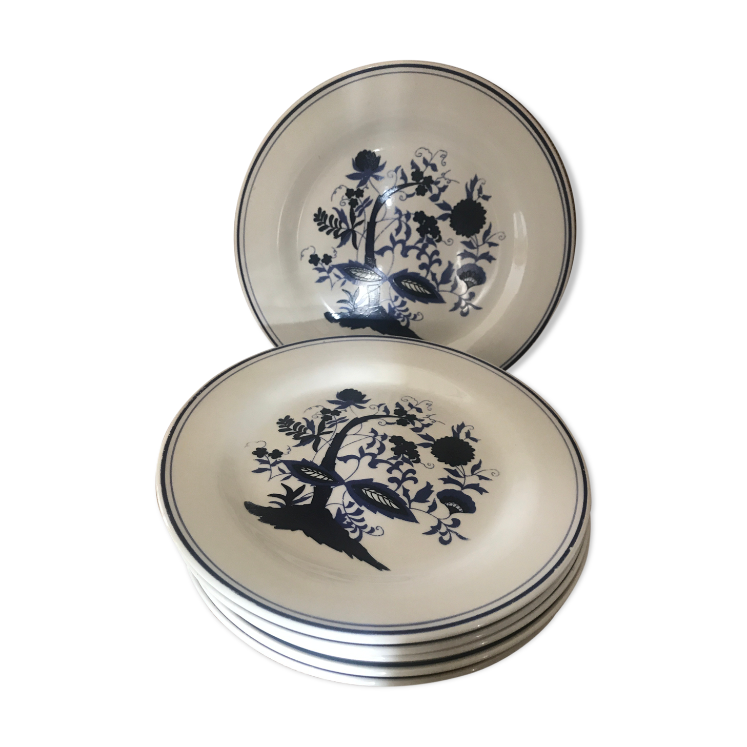 6 flat plates with blue English porcelain dessert