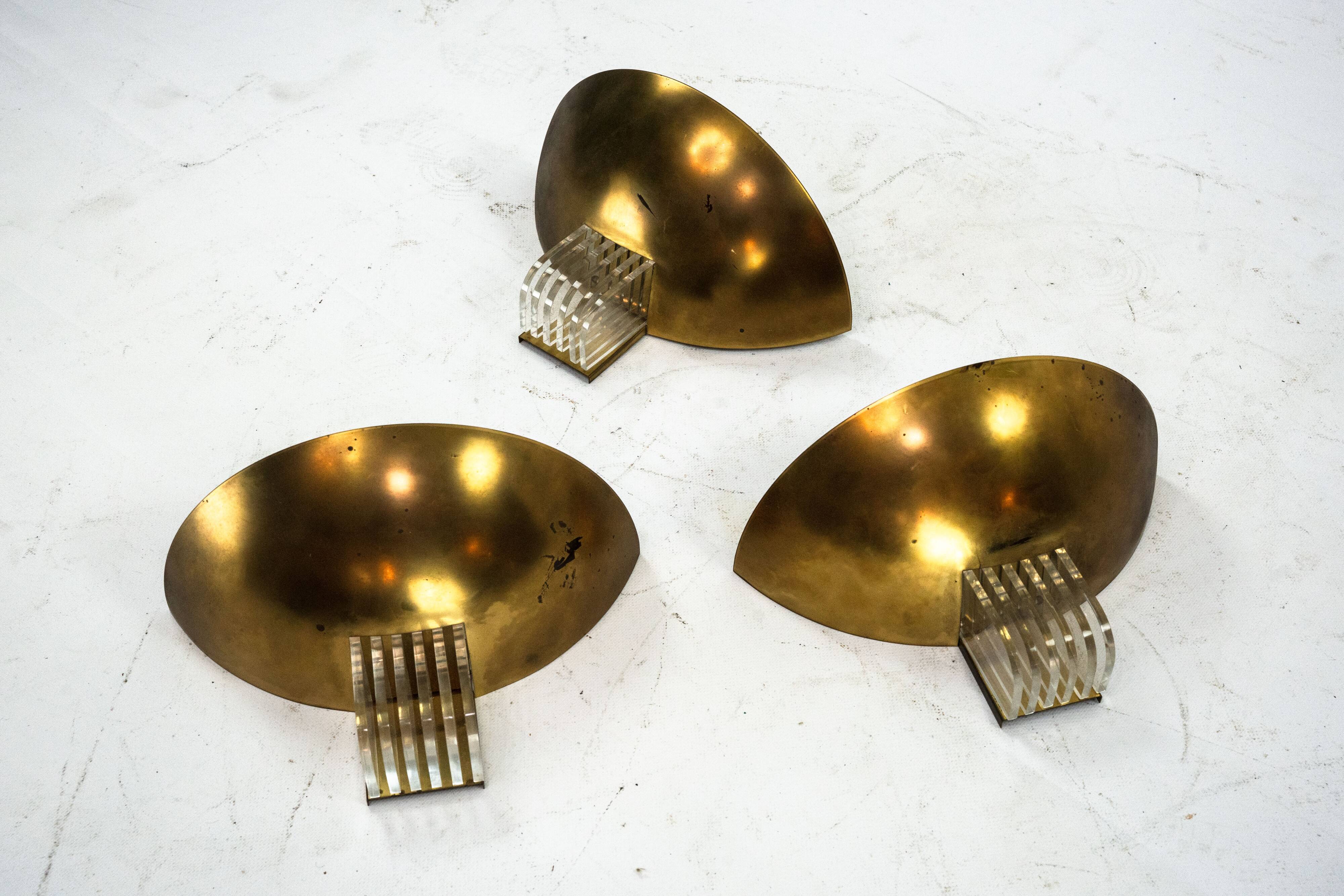Set of three Italian Deco-style brass wall sconces, Italy 1970s