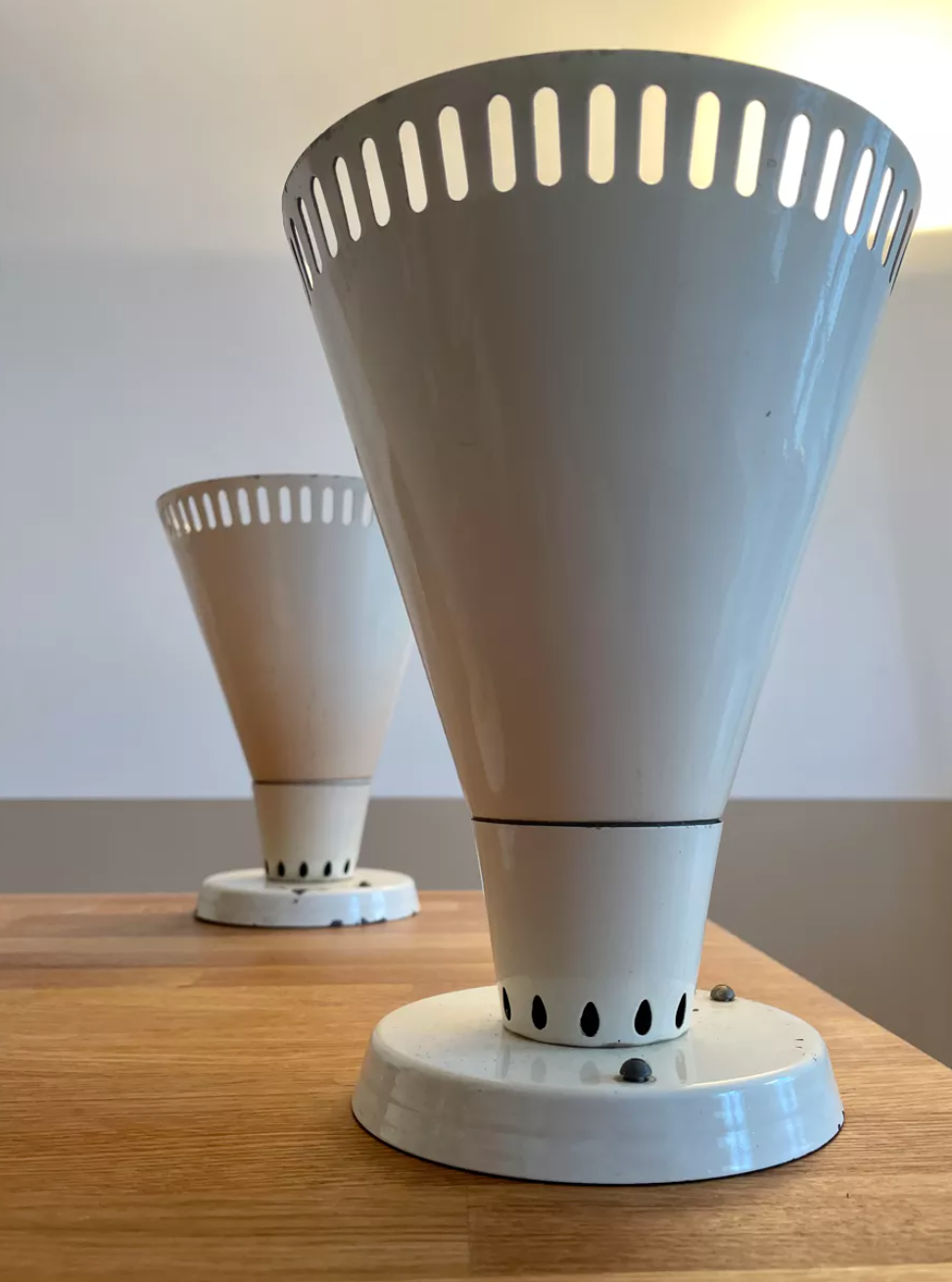 Suite of 3 wall lamps, vintage, white lacquered metal, lita 1970 france